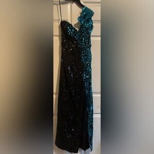 Elegant One Shoulder Sequin Dress - Black and Teal